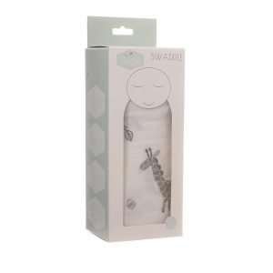 A gorgeous Grey Jungle Muslin from Ziggle. With giraffes and elephants printed on the muslin in neutral grey tones and presented in a lovely cardboard box.