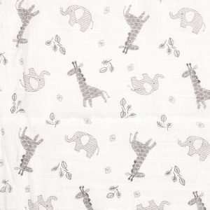 A gorgeous Grey Jungle Muslin from Ziggle. With giraffes and elephants printed on the muslin in neutral grey tones and presented in a lovely cardboard box.
