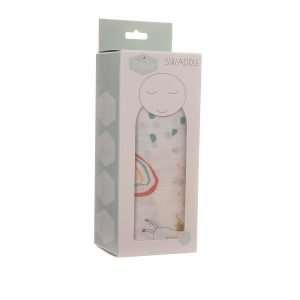 A gorgeous Rainbows and Unicorns Muslin from Ziggle. With rainbows and unicorns printed on the muslin in neutral colourful tones and presented in a lovely cardboard box.