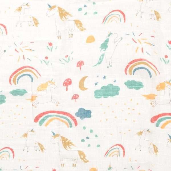 A gorgeous Rainbows and Unicorns Muslin from Ziggle. With rainbows and unicorns printed on the muslin in neutral colourful tones and presented in a lovely cardboard box.