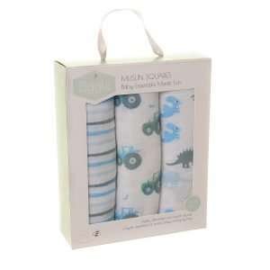 A box set of three muslins in blue colours. One has blue and grey stripes, one with blue tractors and another with blue and grey dinosaurs