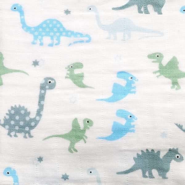 A box set of three muslins in blue colours. One has blue and grey stripes, one with blue tractors and another with blue and grey dinosaurs