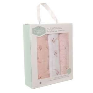 A boxed set of three muslins in pink shades with images of hearts and shooting stars all over them