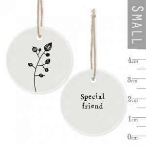 A sweet Happy Birthday Floral Hanger from the ceramic range by East of India. A small keepsake with brown string hanger.