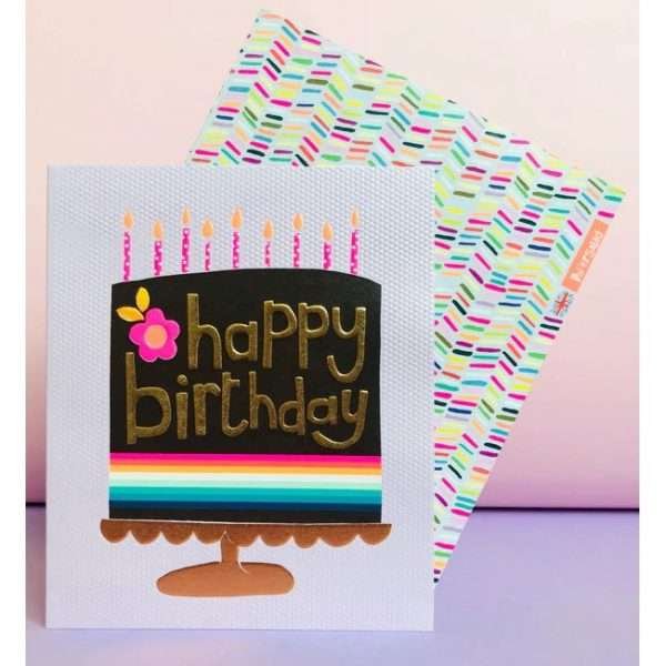 A fun card with a rainbow birthday card and happy birthday in gold. Full of bright neon colours, patterned textures and lovely foil.