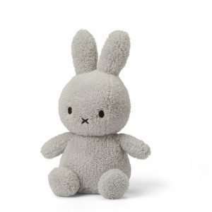 A gorgeous light grey coloured terry miffy bunny. With cute ears and paws and with black eyes and criss cross nose.