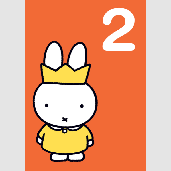 A cute card with a red background and an image of a white miffy bunny wearing a yellow outfit and party hat. The number 2 is printed in the top right hand corner of the card