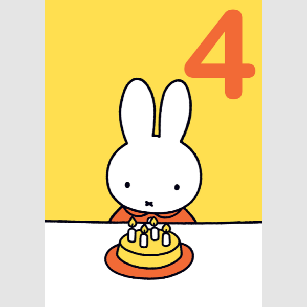 A sweet card with a yellow backgroumd with a white mifffy bunny sitting at a table with a birthday cake. The number 4 is printed in red in the top right hand corner of the card.