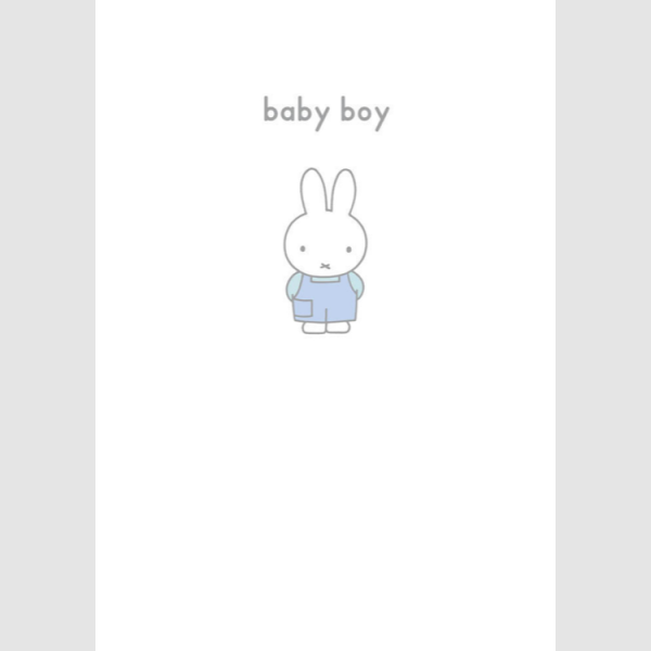 A sweet card with a white background and a tiny miffy wearing a pink dress in the centre of it and the words New Baby Boy printed on it.