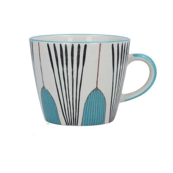 A white mug with a teal and black tulip design