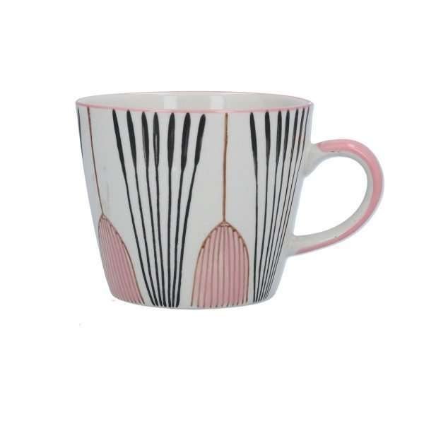 Pink Tulip Deco Ceramic Mug. A white mug with a pink and black tulip design