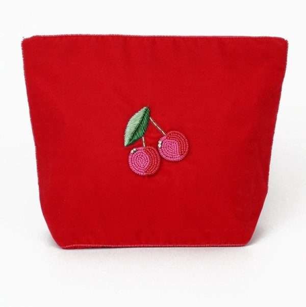 Beaded Cherry Velvet Cosmetic Pouch