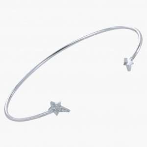 A sterling silver cuff style bracelet with 2 stars. Set with two stars, one in a wonderful high shine silver finish and the other set with sparkling pavé stones