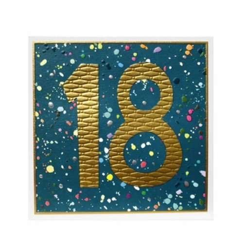 18th Birthday card in dark blue with lots of neon colourful dots and a big textured gold foil 18