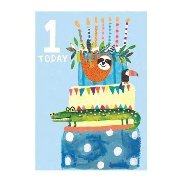 Boy's Jungle Cake 1st Birthday Card.A big birthday cake with a cute sloth hippo and giraffe. In blues with a big 1 today