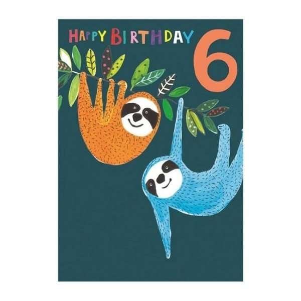 Sloths 6th birthday card with two sloths on a dark blue background.