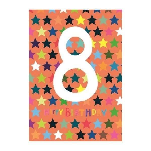 Stars 8th Birthday Card. An orange card with lots of neon stars and a big white 8