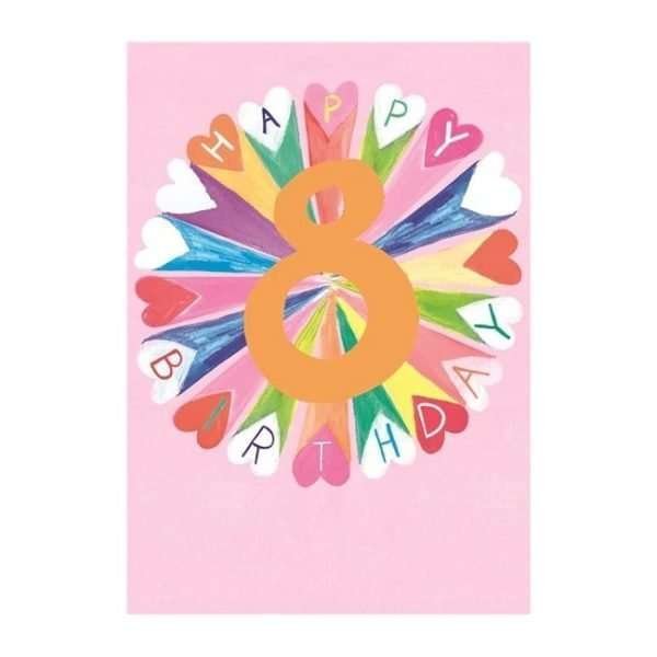 Kaleidoscope 8th Birthday Card. A pink background with a kaleidoscope of colours and a big 8