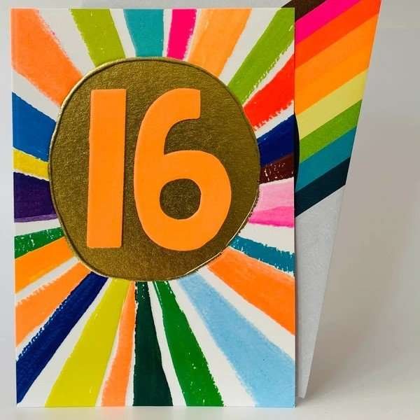 Bright 16th Birthday card. A bright rainbow burst with a big neon orange 16