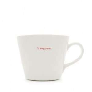 A plain white ceramic mug with the words Hungover printed on the front of it.
