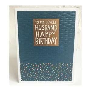 A dark blue Husband birthday card with neon spots