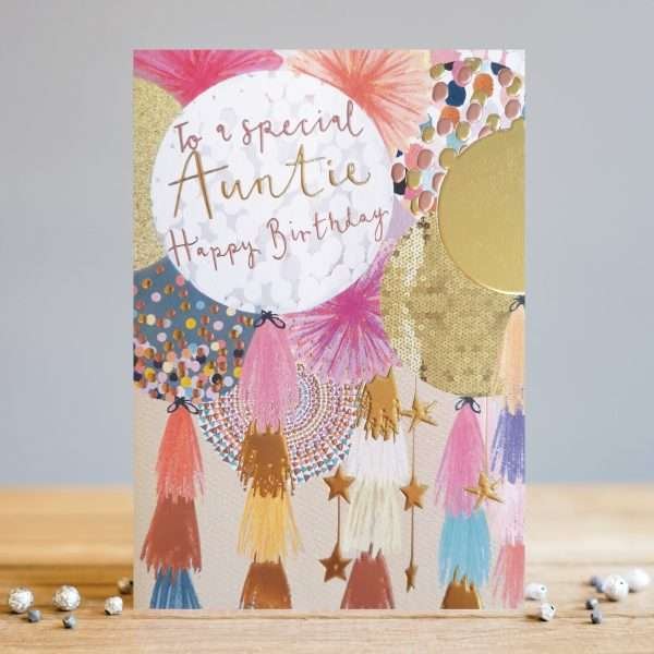 An auntie birthday card with colourful balloons