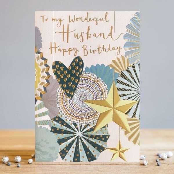 A birthday card with gold foil details and a green and blue design. To a wonderful Husband Happy Birthday