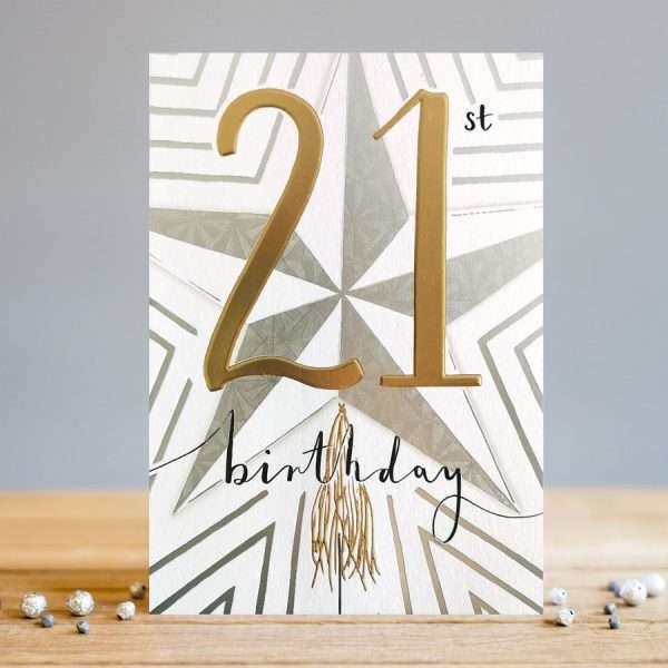 A 21st birthday card with a big gold 21 and a large grey and white star.