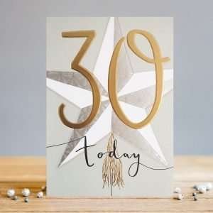 A 30th birthday card with a big gold 30 and a large grey and white star.