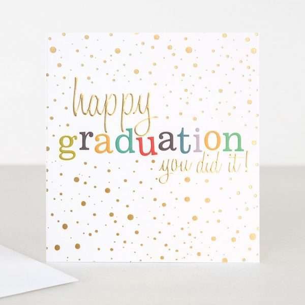 A graduation card with lots of colourfuld dots and happy graduation you did it in coloured lettering