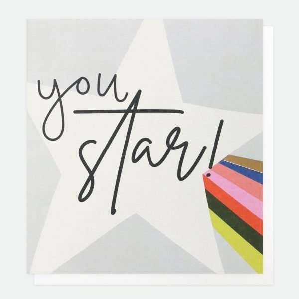A congratulations card with a big white star trailing a rainbow tail and you star! in black handwritten style font