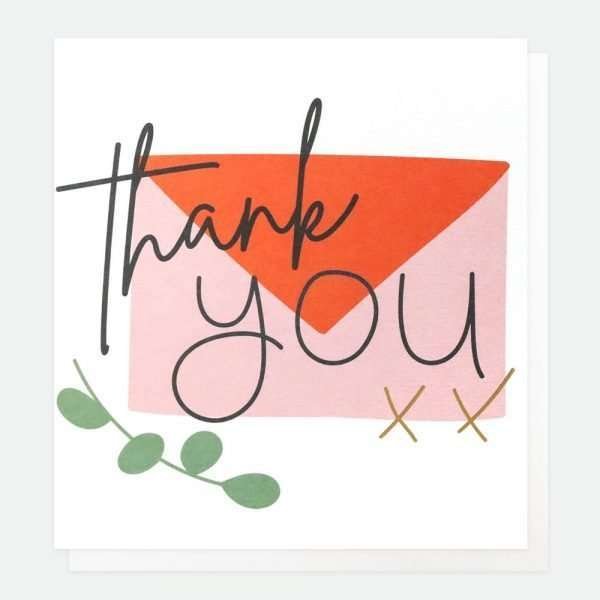 A contemporary thank you card with a pink and orange envelope design and thank you in a black handwritten style