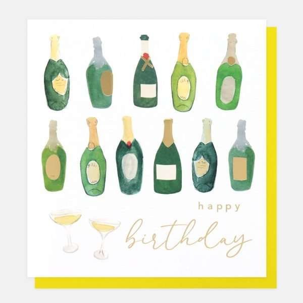 A Caroline Gardner birthday card with lots of champagne bottles in a watercolour style.