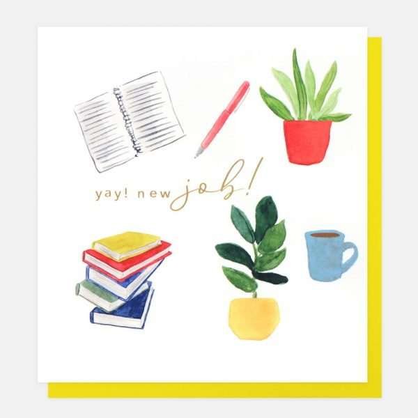 A Caroline Gardner new job card with colourful work related motifs in a painted watercolour style. Yay!New Job!