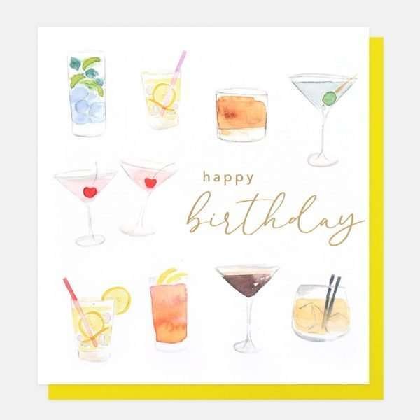 A Caroline Gardner birthday card with lots of cocktails in a painted watercolour style. Happy birthday