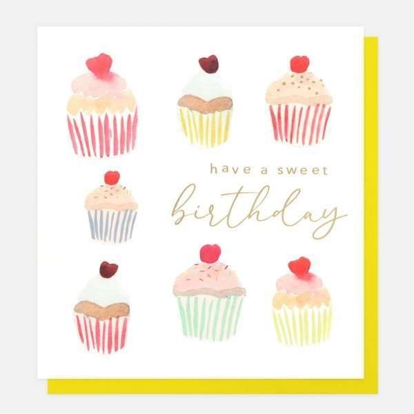 A Caroline Gardner birthday card with lots of cupcakes in a painted watercolour style. Have a sweet birthday