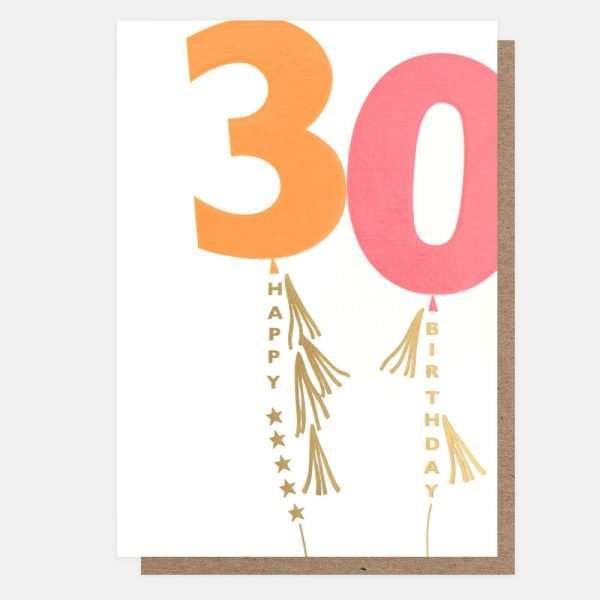 A 30th birthday card with an orange 3 and a pink 0 balloons with gold tassels