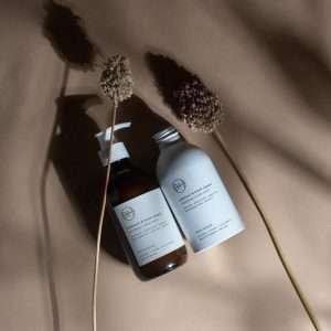 A lovely bottle of patchouli and black pepper body lotion from Bath House. In a brown apothecary bottle with a white pump dispenser and white label