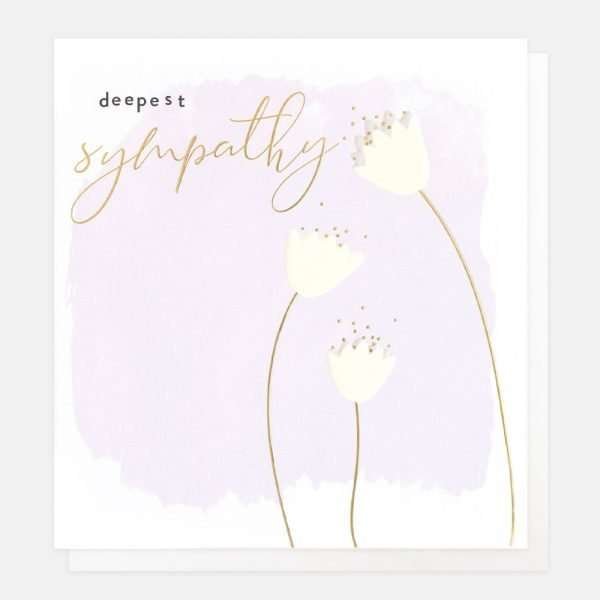 A sympathy card with three delicate flowers and the words deepest sympathy