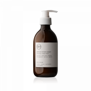 A lovely bottle of patchouli and black pepper body lotion from Bath House. In a brown apothecary bottle with a white pump dispenser and white label