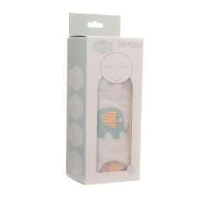 A cotton swaddle blanket with an elephant design with lots of cute colourful elephants