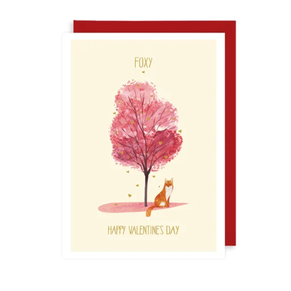 This card features a fox standing under a floral tree and reads 'Foxy. Happy Valentine's Day'.