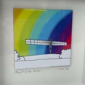 A lovely rainbow angel of the north tile picture which has been presented in a box frame.