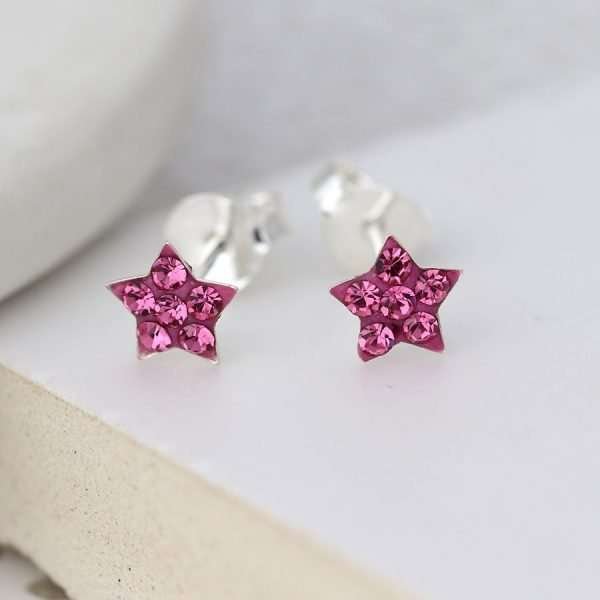 Sterling silver star stud earrings inset with tiny rose pink crystals