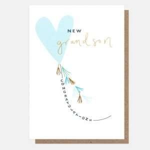 A new grandson baby card from Caroline Gardner with a big blue heart shaped balloon