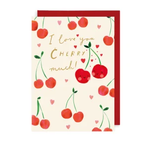 This card features two cherries nestled together and reads 'I love you cherry much!'