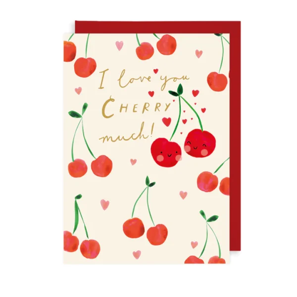 This card features two cherries nestled together and reads 'I love you cherry much!'
