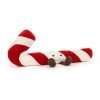 A Jellycat amuseable candy cane cuddly toy. A red and white striped cuddly velvet candy can with little brown corduroy legs and a cute smiley face
