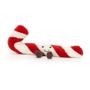A Jellycat amuseable candy cane cuddly toy. A red and white striped cuddly velvet candy can with little brown corduroy legs and a cute smiley face