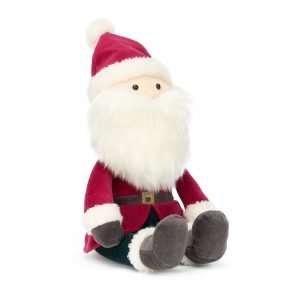 A jellcat jolly santa cuddly toy with a red velvet coat and hat and green velvet trousers